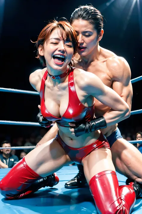(The 8k quality, Ultra-high-resolution quality, Ultra high definition, Photorealistic, Best Quality):1.5, (​masterpiece):1.4,
(camera angle from front view):7.0,
(in the beautiful professional wrestling, 1 female extreme muscular Wrestler and 1 cutie honey...