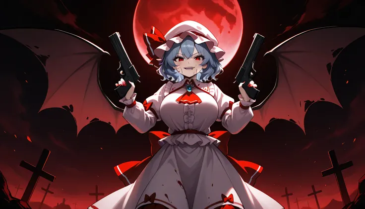 huge_breasts, sweat,  Give your images flat even illumination (negative) or dramatic chiaroscuro lighting (positive)), 1girl, remilia_scarlet, solo, weapon, wings, hat, dress, red_eyes, red_nails, holding, gun, moon, red_moon, bat_wings, cross, hair_betwee...
