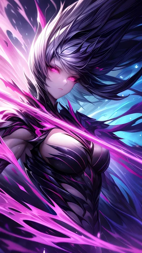Upper body shot, front facing, exquisite appearance, complex liquid smoke chaos storm, pink part, Broken glass, particle explosion , Light, bioluminescent liquid particles, muscular, highly detailed,  mechanical background , symmetrical arms ， medium breas...