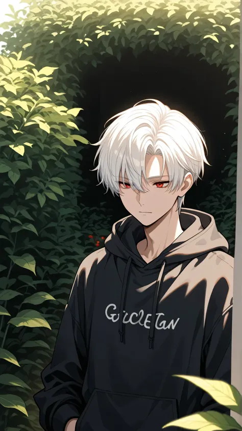 men white short hair red eyes hoodie clothes cool face  in garden