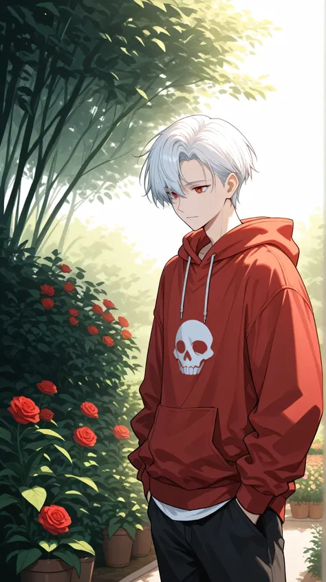 men white short hair red eyes hoodie clothes cool face  in garden