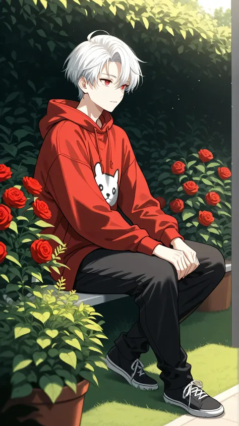 men white short hair red eyes hoodie clothes cool face  in garden