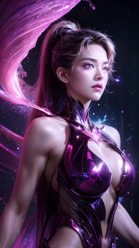 Upper body shot, front facing, exquisite appearance, complex liquid smoke chaos storm, pink part, Broken glass, particle explosion , Light, bioluminescent liquid particles, muscular, highly detailed,  mechanical background , symmetrical arms ，big breasts，b...