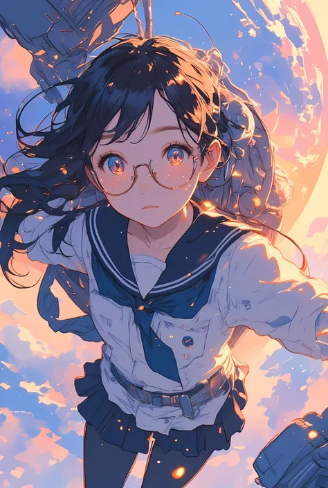 a painterly digital illustration of a Japanese high school girl floating in outer space during orbital sunset, shown in a close-up bust-up composition with soft frontal lighting,
she wears a white sailor-style school uniform with a deep navy blue collar ...