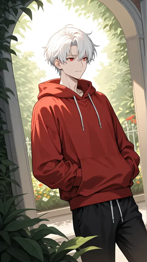 men white short hair red eyes hoodie clothes cool face  in garden