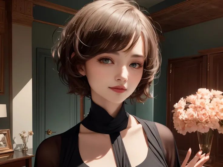 381 (20 year old woman),(short hair crossing the camera),(gentle smile),(high quality photos),( cinematic pictures playing on the lawn ),(colorful),(luxurious room),((contrast between light and shade))