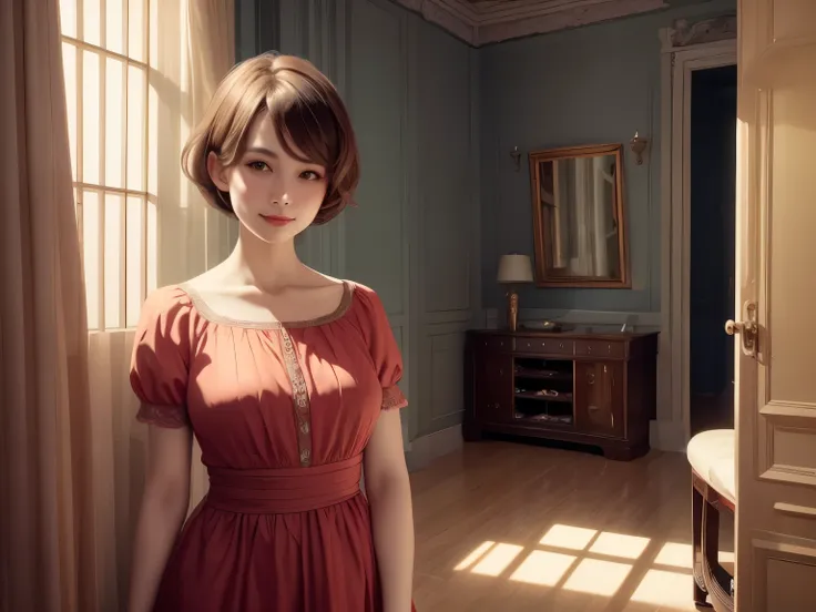 381 (20 year old woman),(short hair crossing the camera),(gentle smile),(high quality photos),( cinematic pictures playing on the lawn ),(colorful),(luxurious room),((contrast between light and shade))