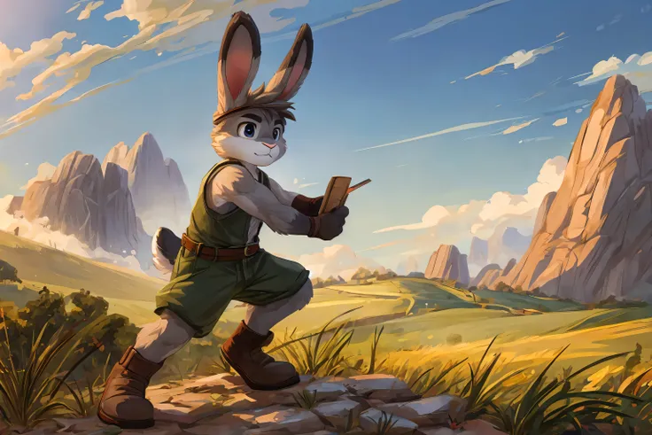 rabbit, anthro, gray fur, farmer's attire, thinking, mossy rocks, misty hill, dynamic poses, in the morning, 1boy, solo, rabbit tail