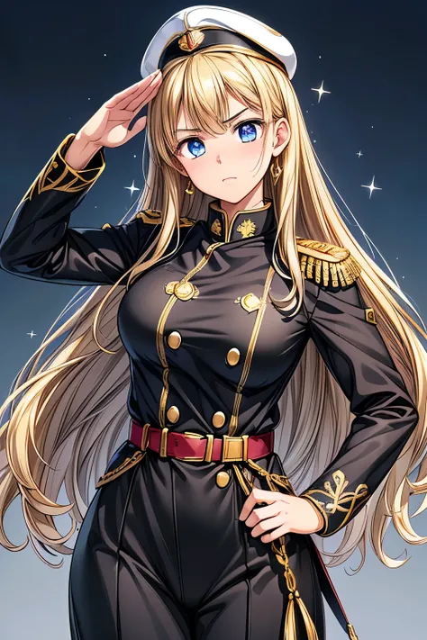 girl posing for the photo , cute girl, (( one girl playing pranks)), ((baby face:1.4)), ((cute:1.4)),
break
(( black military uniform:1.2)) + (class seal) + (golden epaulettes ) + (Golden ornament) + Cape + Long Sleeve + (( gorgeous gold embroidery ...