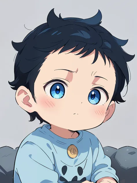 (high-quality, breathtaking),(expressive eyes, perfect face) portrait, Symmetrical Eyes, 1boy, solo, 1 month old, black hair, blue coloured eyes, medium hair, spiked hair, fluffy hair, baby face, grey background, stone wall background, detailed eyes, blue ...