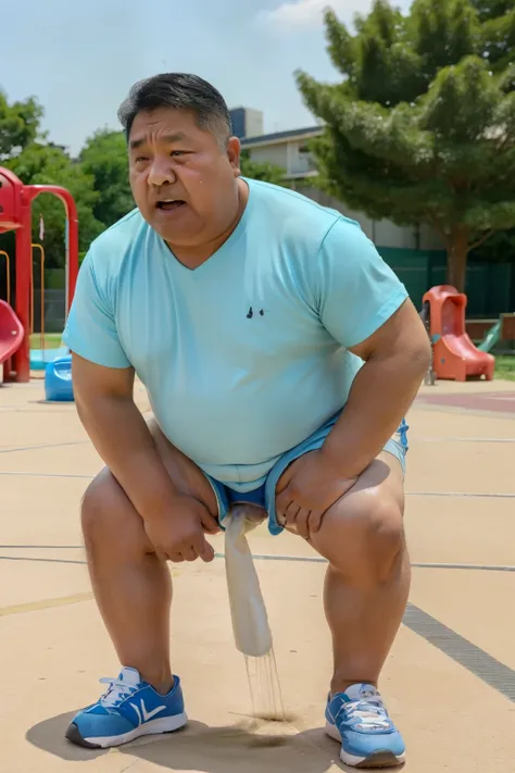 Thick Japan middle-aged man in his 50s, 1man, retarded, He wears a light blue shorts, Bare Thighs, Pampers, shirtsless, ((peeing self, wetting self, pee stains,)), ((trembling, fear expression, scared, looking at viewer)), kindergarten background, It's a s...