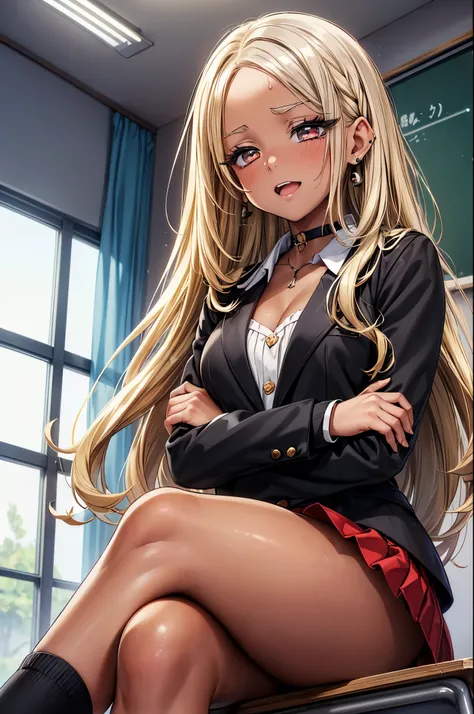 ((1 girl, one girl)), ((Baby face:1.4)), ((cute:1.6)),  
BREAK  

((black student blazer :1.3)), white blouse + (cleavage), ((red pleated skirt:1.3)), (black socks), ((shiny brown loafers)), ((dark skin:1.6)), 
(( silver star earrings )), ((black choker)),...