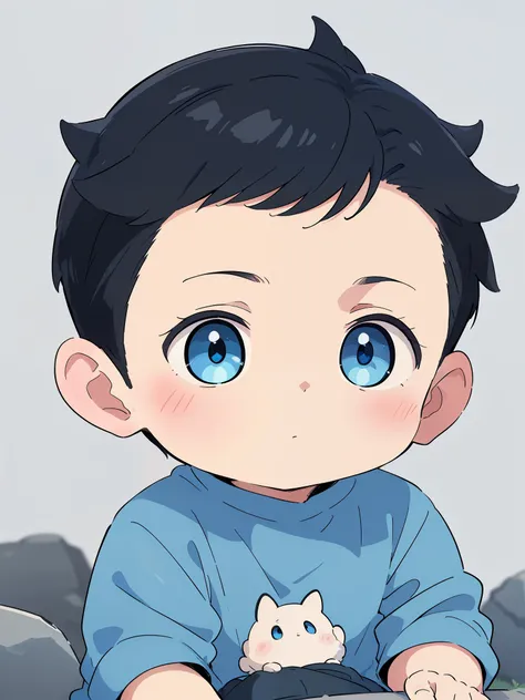 (high-quality, breathtaking),(expressive eyes, perfect face) portrait, Symmetrical Eyes, 1boy, solo, 1 month old, black hair, blue coloured eyes, medium hair, spiked hair, fluffy hair, baby face, grey background, stone wall background, detailed eyes, blue ...