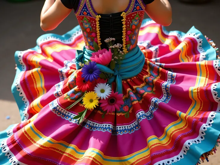 A colorful and dynamic image showing only the traditional Mexican dance dress and accessories of a woman mid-dance — swirling, layered skirts with vibrant colors and floral patterns, bright ribbons, and detailed embroidery. The image also includes multicol...
