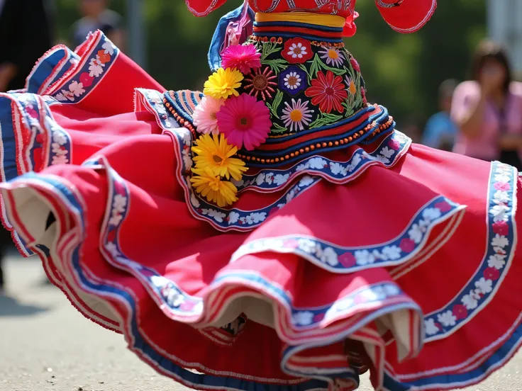 A colorful and dynamic image showing only the traditional Mexican dance dress and accessories of a woman mid-dance — swirling, layered skirts with vibrant colors and floral patterns, bright ribbons, and detailed embroidery. The image also includes multicol...
