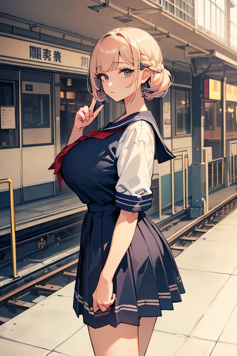 Highest Quality、high image quality、masterpiece、Detailed Background、(very detailed face:1.3)、(detailed eyes:1.3)、age beauty、(huge breasts:1.3)、is anatomically correct、(Normal number of fingers:1.3)、perfect body line、Bright-colored hair、braided bob hair、stat...
