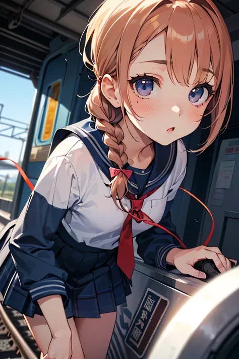 Highest Quality、high image quality、masterpiece、Detailed Background、(very detailed face:1.3)、(detailed eyes:1.3)、age beauty、perfect body line、is anatomically correct、Bright-colored hair、braided bob hair、station platform、navy blue sailor suit、white sailor co...