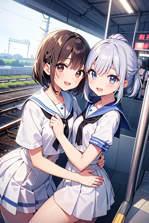 Highest Quality、high image quality、masterpiece、Detailed Background、(very detailed face:1.3)、(detailed eyes:1.3)、age beauty、perfect body line、is anatomically correct、Bright-colored hair、braided bob hair、ponytail、station platform、white sailor suit、white sail...