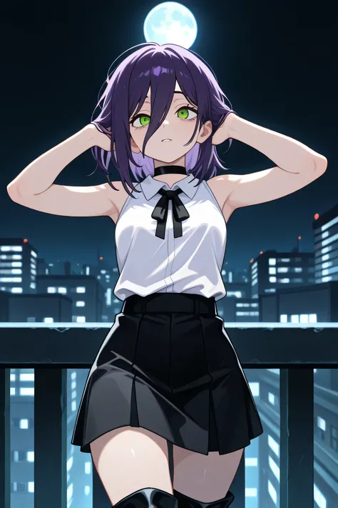 masterpiece, Highest Quality, amazing quality,,   cut,  cut (chainsaw man), black choker, purple hair, choker, hidden eyebrows in hair, green eyes, hair between eyes, long bangs,  medium hair, mature woman, small breasts, shoulder out, 黒色ribbon, black mini...