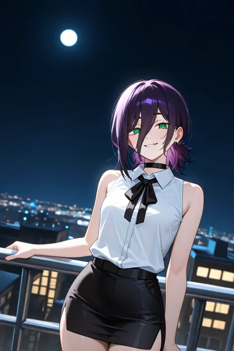masterpiece, Highest Quality, amazing quality,,   cut,  cut (chainsaw man), black choker, purple hair, choker, hidden eyebrows in hair, green eyes, hair between eyes, long bangs,  medium hair, mature woman, small breasts, shoulder out, 黒色ribbon, black mini...