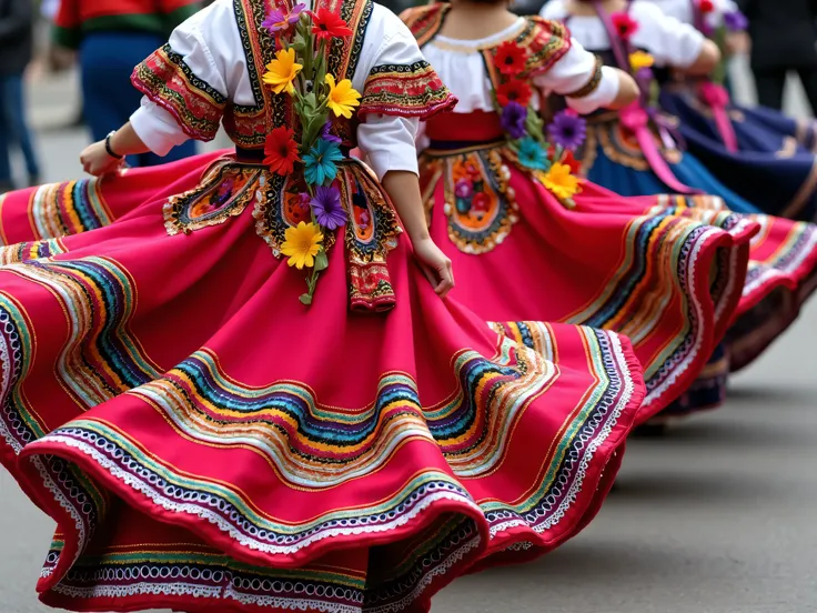 A colorful and dynamic image showing only the traditional Mexican dance costumes and accessories of four women in the midst of a dance — multi-layered, swirling skirts with bright colors and floral patterns, bright ribbons, and detailed embroidery. The ima...