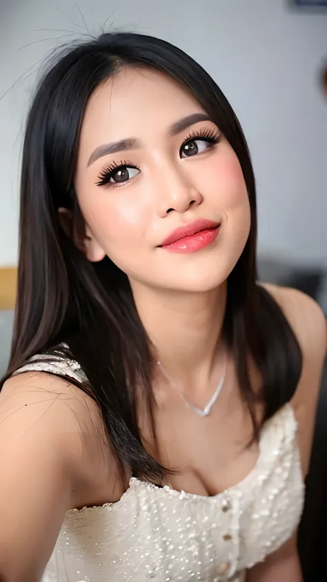 a beautiful Indonesian woman, long silky brown hair with light highlights, parted to the side and slightly tousled, soft fair skin with smooth realistic texture, warm blush on the cheeks, defined but natural eyebrows, soft brown eyeshadow, sharp eyeliner w...