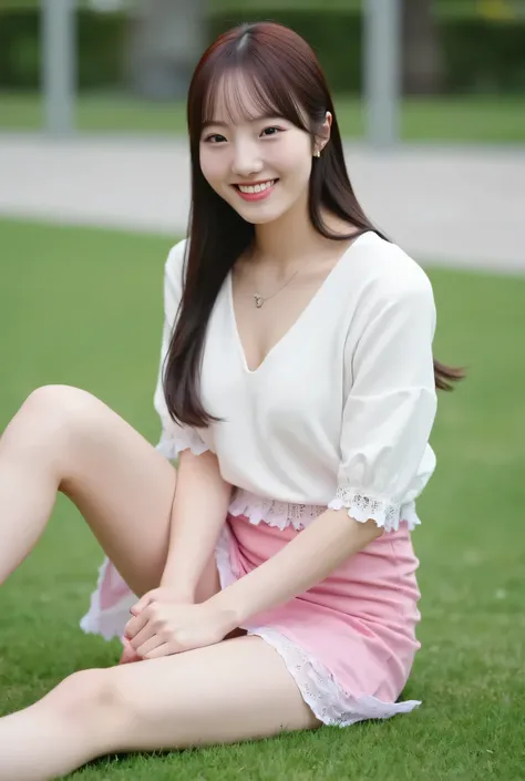 live-action、Highest Quality、Ultra High Definition、8K、(Oblique front photo:1.3)、garden、(Sit on the grass:1.0)、Bend Your Knees、open legs、(knees:1.mile、brown hair、straight semi-long、 has bangs、full of bangs、(Big Breasts:1.3)、Whitening skin、(emphasizes cleavag...