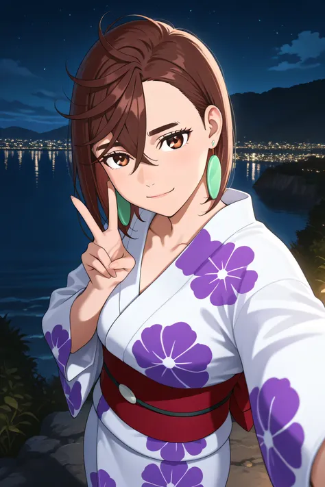 masterpiece, best quality, amazing quality,
1girl, looking at viewer, pov, light smile, v pose, solo, night, outdoors, cliff, city lights, lake, cloud, stars,
brown hair, short hair, hair between eyes, asymmetrical bangs, brown eyes, earrings,
print kimono...