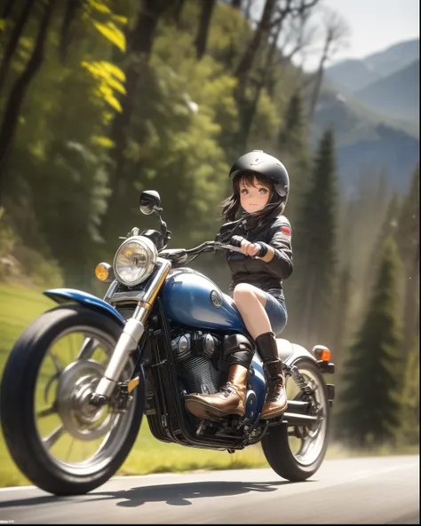 ((( Masterpiece:1.3, Best Quality, hight resolution, nffsw, Perfect Pixel, 4K, nffsw, nffsw))), 1girl in, Off-road motorcycle driving on spring country roads、18-year-old girl、jet helmet、((December scenery, white Christmas, softly falling snow, she drives ...