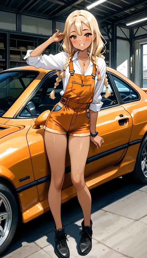 masterpiece, best quality, Highest Quality, score_9, score_8_up, score_7_up, source_manga, ((sexy young girl, improvement, gyaru)), nsfw, attractive, voluptuous, curvaceous, ((braids)), full body, ((orange work clothes)), tan, blush, flushed, long hair, fr...