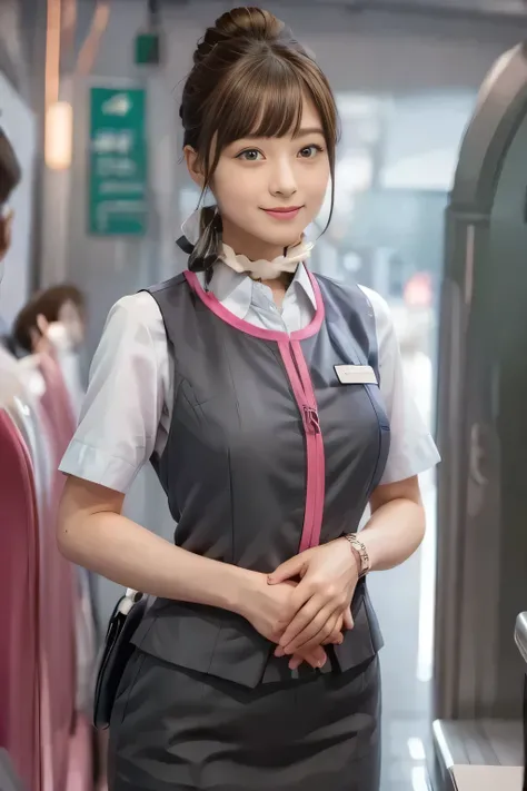 (masterpiece:1.2, Highest Quality:1.2), 32kHDR, high resolution, (alone、one girl)、( station platform、professional lighting)、Empty station platform background 、( the realistic style of the JR Gran Class crew uniform)、Short sleeve blouse、scarf wrapped around...