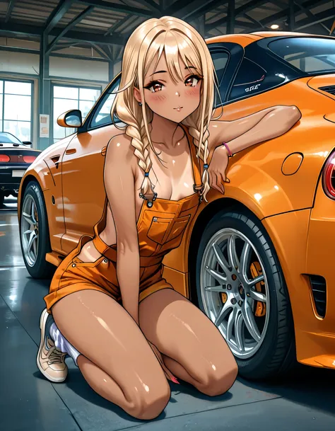 masterpiece, best quality, Highest Quality, score_9, score_8_up, score_7_up, source_manga, ((sexy young girl, improvement, gyaru)), nsfw, attractive, voluptuous, curvaceous, ((braids)), full body, ((orange work clothes)), tan, blush, flushed, long hair, fr...