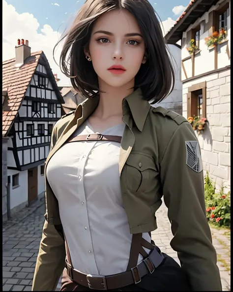 Generate image of one beautiful girl, beautiful hair, realistic, high quality, (masterpiece: 1.5), highly detailed, detailed eyes, Mikasa, in her military uniform, image from head to thighs,background: standing on the terrace of mediaeval houses of germany...