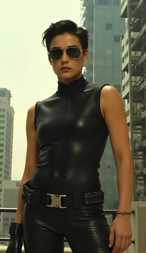 Demimoore as Trinity, strong confident cyberpunk woman, standing, futuristic cityscape, sleek sleeveless black latex bodysuit, matching black tactical pants, utility belts, short dark hair slicked back, dark sunglasses, cool composed expression, form-fitti...