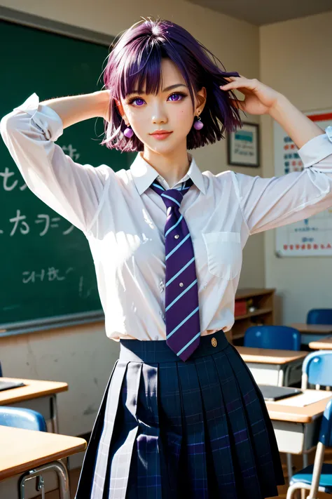 1 girl, Beautiful charming, short purple hair rather messy, purple eyes, school uniforms of Japanese high school ren polite, wearing salting earrings, standing pose, anime style, high details, high quality, best quality, 1080P, HD, 4K, 8k