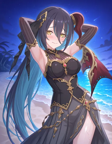 pcranpha, black hair, blue hair, very long hair, two-tone hair, streaked hair, single horn, horn ring, single wing, yellow eyes, hair between eyes, rnphdef, hair ribbon, black ribbon, hair ornament, black dress, sleeveless dress, gold trim, see-through cle...