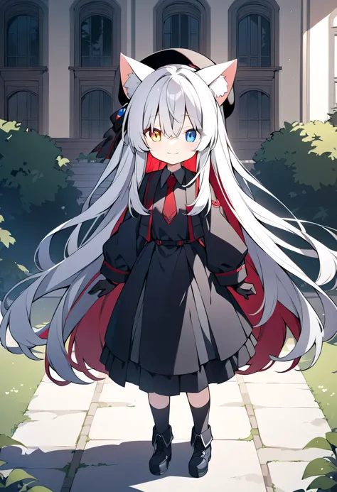 long hair,Silver Hair, girl,Cat ears,alone,Heterochromia(Left blue right yellow),Black Robes(red internal stain),Red tie,Black socks,Manor,Next to the villa,Smile,black gloves, black beret ,Long bangs,standing, black boots,Bangs that cover the eyes