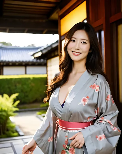 (Highest Quality,masterpiece,super high res at the bank 1.3),(photo realistic1.3),smile,(40 year old Japanese mature woman 2.0,married woman 2.0),plump and healthy,big breasts,(Floral kimono Clean the garden of the flower-patterned,object),Japanese style r...
