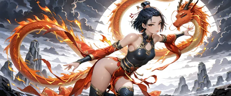(masterpiece, best quality, ultra detailed, 4K, Chinese mythological fantasy style), A mature, seductive, and powerful female warrior inspired by ancient Chinese mythology, around 16-18 years old. Her presence is both fierce and irresistible, with a sultry...