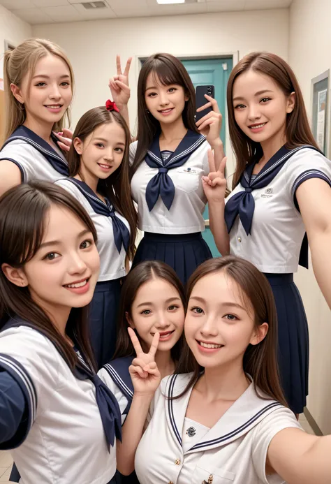 Ultra High Definition, High Quality, masterpiece, Detailed Background, Beautiful Girl, Big Breasts, jk uniform, sailor suit、button gap, Button-popped, changing room against the wall, Happy Atmosphere, (5 girls happily taking selfies:1.5), (peace sign:1.2)、...