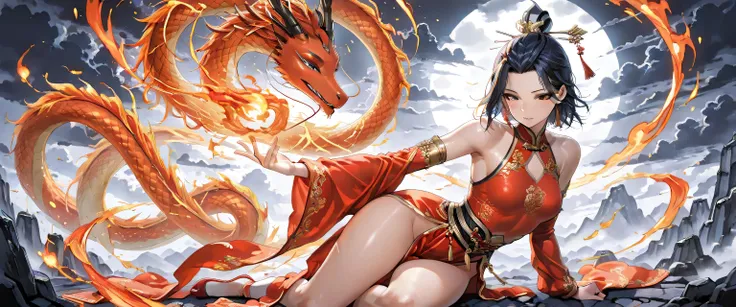 (masterpiece, best quality, ultra detailed, 4K, Chinese mythological fantasy style), A mature, seductive, and powerful female warrior inspired by ancient Chinese mythology, around 16-18 years old. Her presence is both fierce and irresistible, with a sultry...
