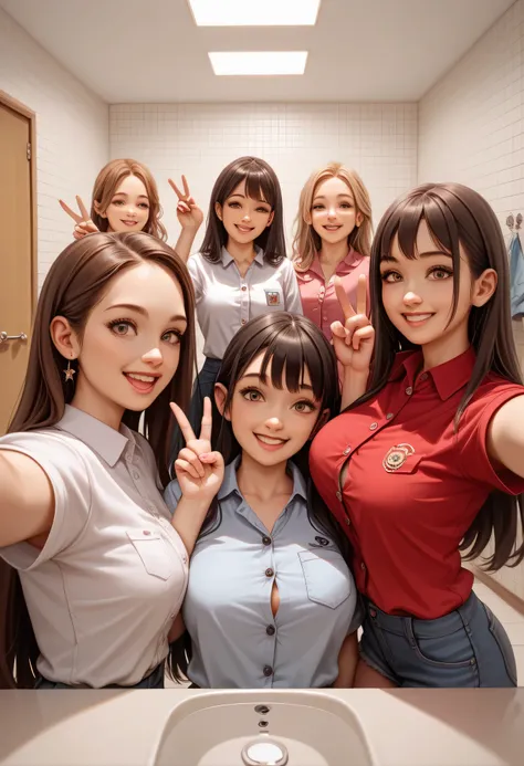Ultra High Definition, High Quality, masterpiece, Detailed Background, Beautiful Girl, Big Breasts, jk uniform, button gap, Button-popped, changing room against the wall, Happy Atmosphere, (5 girls happily taking selfies:1.5), (peace sign:1.4), cute