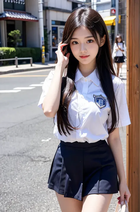 A girl (18 years old, Japanese pretty face) is wearing high school uniforms with mini skirt on Spring sunny day.