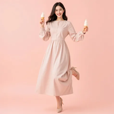 "A full-body ultra-realistic image of a beautiful young woman wearing a modest full-length dress with full sleeves, fully covered. She is in an excited and joyful mood, jumping or posing with energetic body language, big bright smile, sparkling eyes. She i...