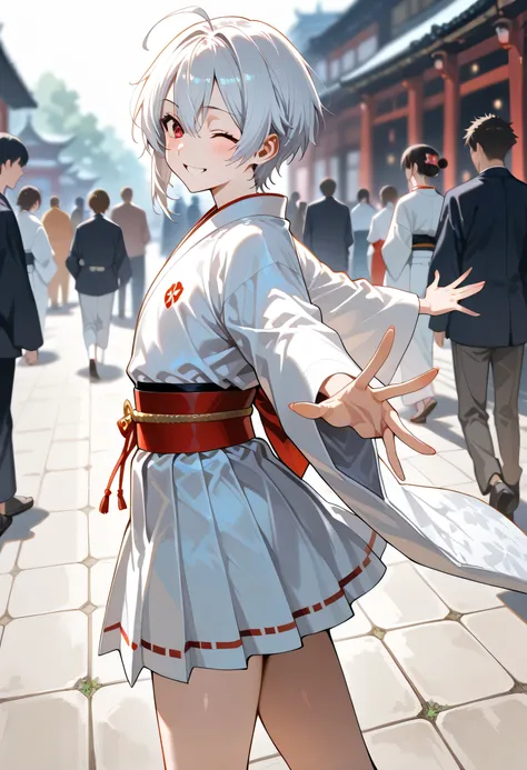score_9, score_8_up, score_7_up, source_anime, masterpiece, solo, ((femboy)), ((feminine male)), ((Ahoge)), White very-short hair, red eyes,((((white miniskirt kimono)))), kind smile, one eye closed, blush, BREAK ((Edo-era Japan)), Edo street, crowd with k...