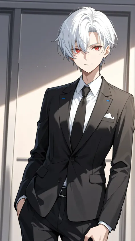 men white short hair,red eyes, black suit front view