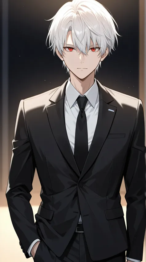 men white short hair,red eyes, black suit front view