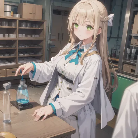 Depict a 20-year-old, stunningly beautiful woman conducting an experiment in a well-equipped science lab. She wears a pristine white lab coat over professional attire, her expression focused as she carefully handles scientific instruments. Whether her hair...