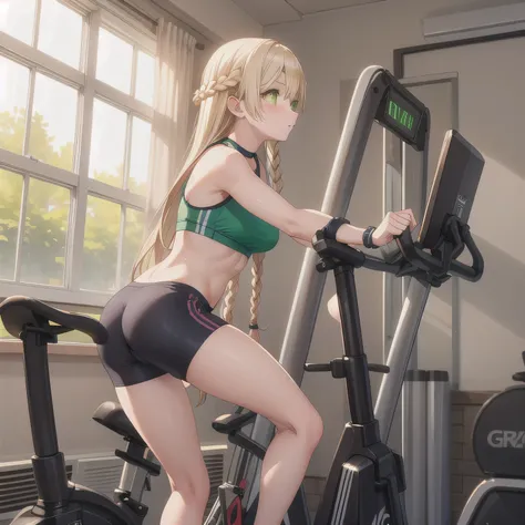 A fitness gym, a person training on a stationary bike, side view, bright morning sunlight through large windows.  Long hair, blonde, (Green Eyes:1.3), braided.