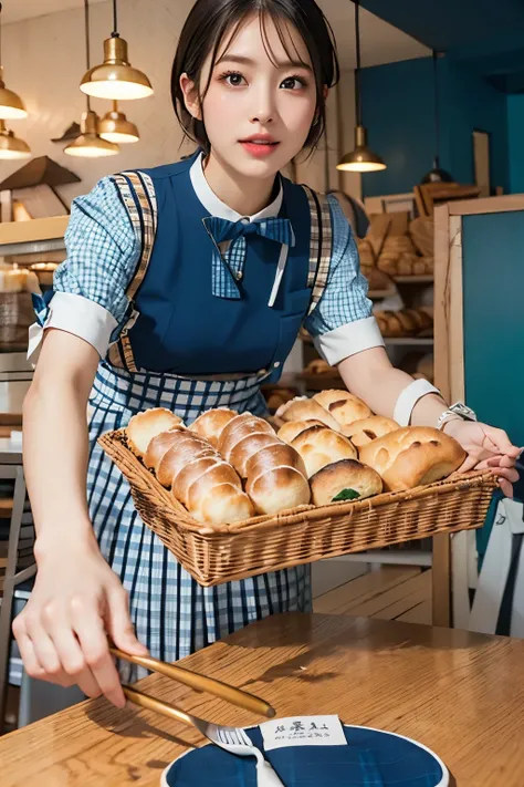 realistic、high image quality、Detailed Exact、8K、1 woman、7、((Japanese bakery Kobeya))、((Kobeya uniform 2.0))、hair is short short hair、((long slant 2.0))、natural makeup、 uniform based on blue 、Bow Tie and Blue Skirt Dress, long dress with an apron , line art ...